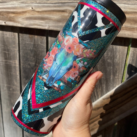 Floral Bull with cow print (20oz Skinny Duo Lids)