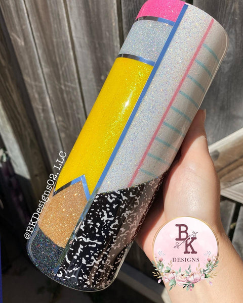 Teacher Glitter Epoxy Tumbler - Pencil and Composition Notebook Design (Made-to-order)