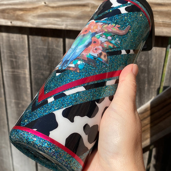 Floral Bull with cow print (20oz Skinny Duo Lids)